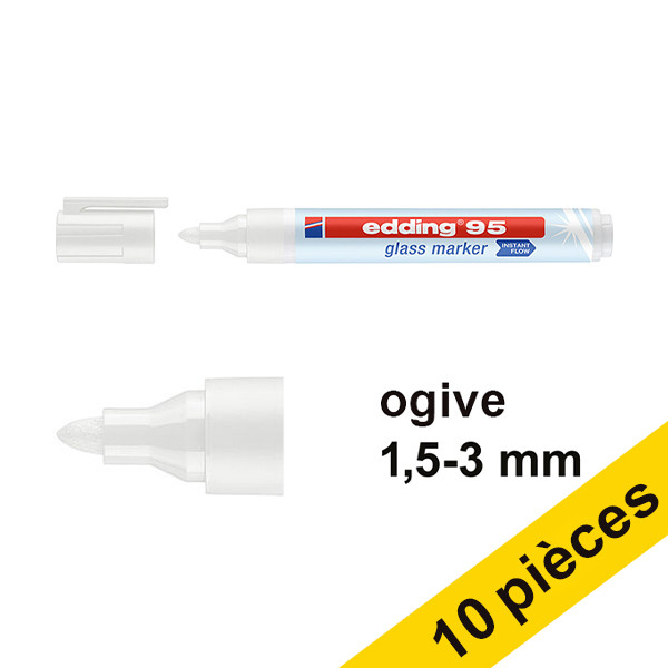 Edding Offre : 10x Edding 95 marqueur pour tableaux en verre (1,5 - 3 mm ogive) - blanc  240598 - 1