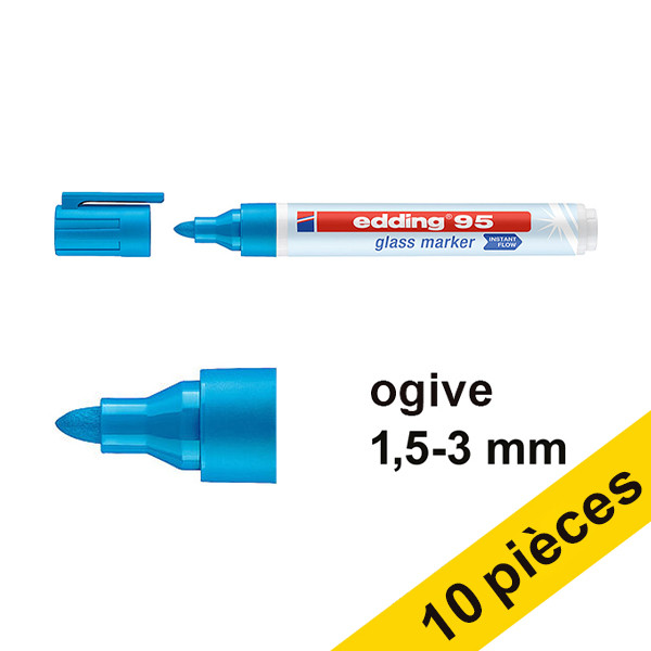 Edding Offre : 10x Edding 95 marqueur pour tableaux en verre (1,5 - 3 mm ogive) - bleu clair  240597 - 1