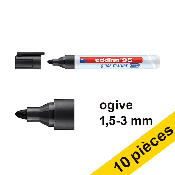 Edding Offre : 10x Edding 95 marqueur pour tableaux en verre (1,5 - 3 mm ogive) - noir  240593 - 1