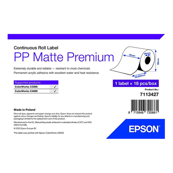 Epson 7113427 rouleau d'étiquettes en continu PP mat premium 76 mm x 29 m (d'origine) 7113427 083692 - 1