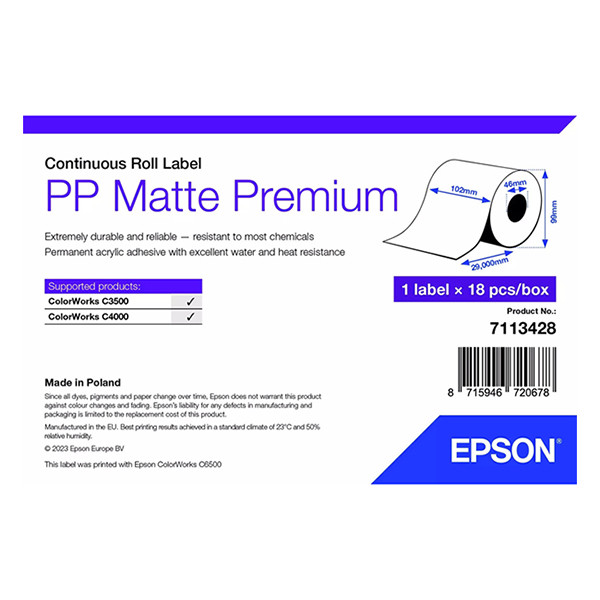Epson 7113428 PP étiquette mate 102 mm x 29 m (d'origine) 7113428 084490 - 1