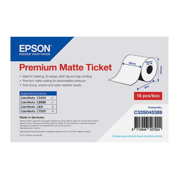 Epson C33S045389 rouleau d'étiquettes continues - mat premium 80 mm x 50 m (d'origine) C33S045389 083368 - 1