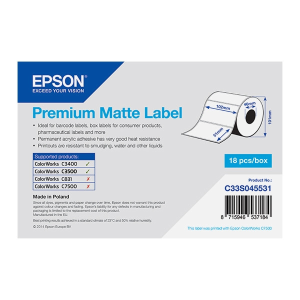Epson C33S045531 rouleau d'étiquettes - mat premium 102 x 51 mm (d'origine) C33S045531 083380 - 1