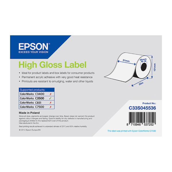 Epson C33S045536 rouleau d'étiquettes en continu - haute brillance 51 mm x 33 m (d'origine) C33S045536 083362 - 1