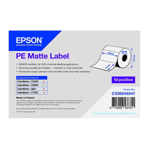 Epson C33S045547 PE rouleau d'étiquettes - mat 102 x 51 mm (d'origine) C33S045547 083398 - 1