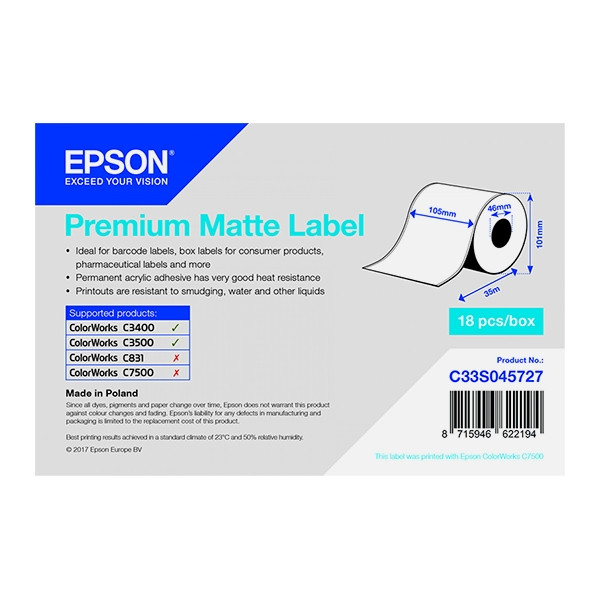 Epson C33S045727 rouleau d'étiquettes en continu - mat premium 105 mm x 35 m (d'origine) C33S045727 083388 - 1