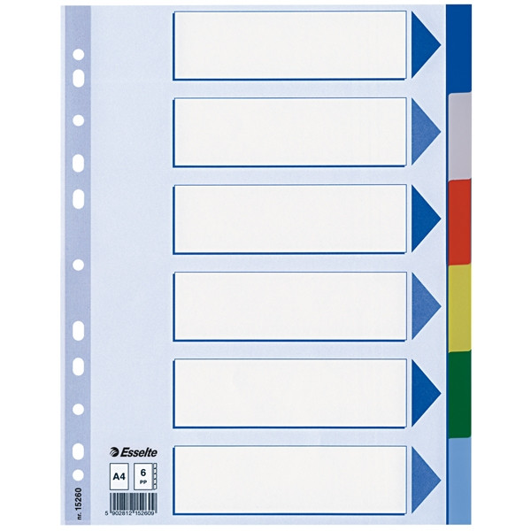 Esselte 15260 intercalaires colorés en plastique A4 avec 6 onglets (11 trous) 15260 203800 - 1