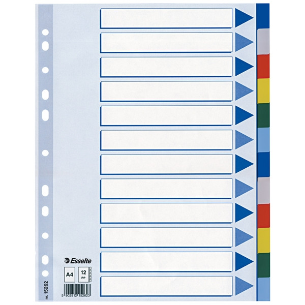 Esselte 15262 intercalaires colorés en plastique A4 avec 12 onglets (11 trous) 15262 203804 - 1