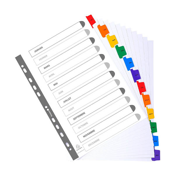 Exacompta intercalaires en carton A4 avec onglets colorés de janvier à décembre (11 trous) - blanc 404522 - 1
