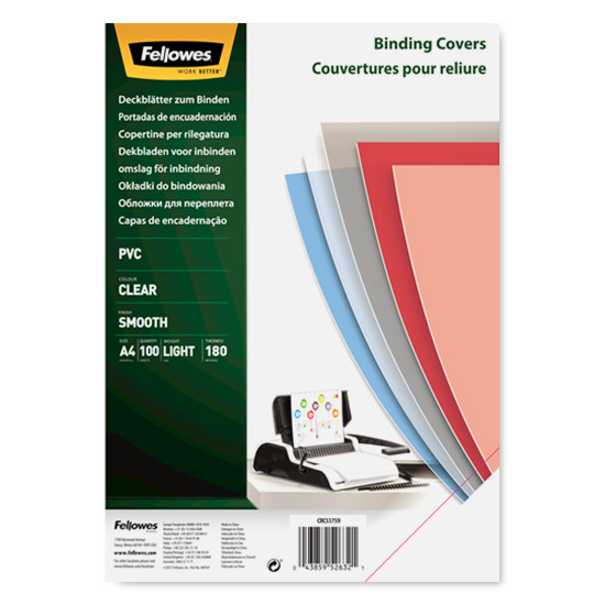 Fellowes PVC couverture de reliure transparente 180 microns A4 (100 pièces) 5375901 213210 - 1