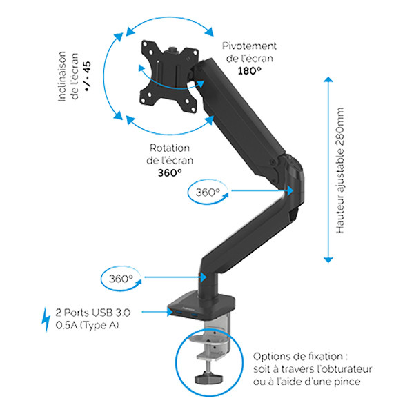 Fellowes Platinum Series bras d'écran pour 1 écran (avec pince ou vis) - argent 215007 - 3
