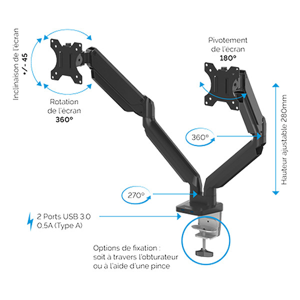 Fellowes Platinum Series bras d'écran pour 2 écrans (avec pince ou vis) - argent 8056501 215009 - 3