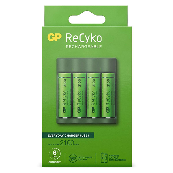 GP chargeur de base USB + GP 2100 ReCyko pile rechargeable AA / HR06 Ni-Mh  (4 pcs)