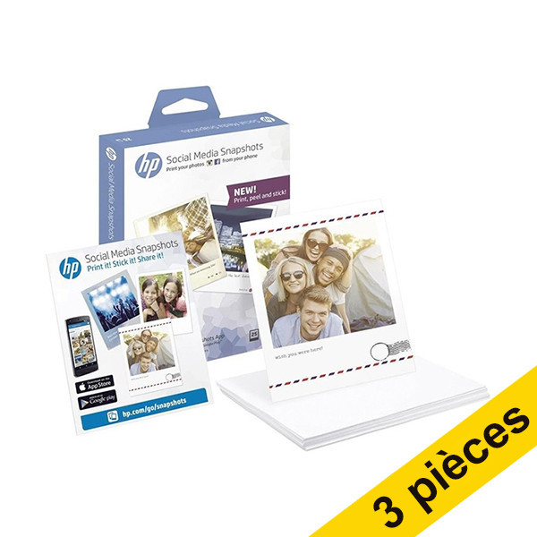 HP Offre : 3x HP W2G60A papier photo instantané auto-adhésif pour médias sociaux 265 g/m² 10 x 13 cm (25 feuilles) W2G60A 151141 - 1