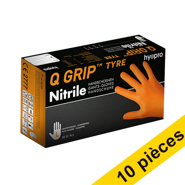 Offre : 10 x HY@PRO Q Grip Tyre gants en nitrile L sans poudre (24 cm, 50 pièces) - orange SHY00149 - 1