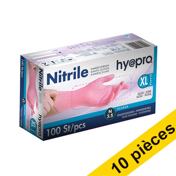 Offre : 10x HY@PRO gants en nitrile non poudrés XL (3,8 grammes, 24 cm, 100 pièces) - rose SHY00093 - 1