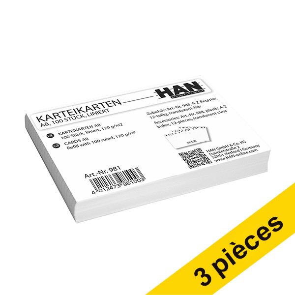 Offre : 3x HAN fiche Bristol lignée 74 x 52 mm (100 pièces) 218087 - 1