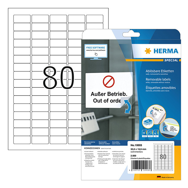 Herma 10003 étiquettes amovibles A4 35,6 x 16,9 mm (2000 étiquettes) - blanc 230636 - 1