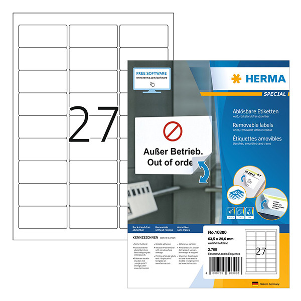 Herma 10300 étiquettes amovibles A4 63,5 x 29,6 mm (2700 étiquettes) - blanc 230624 - 1