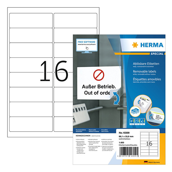 Herma 10309 étiquettes amovibles A4 99,1 x 33,8 mm (1600 étiquettes) - blanc 230612 - 1