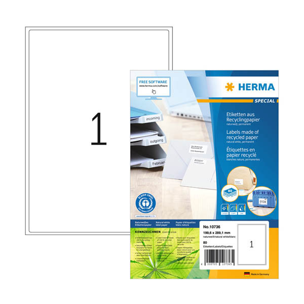 Herma 10736 étiquettes universelles recyclées A4 199,6 x 289,1 mm (80 étiquettes) - blanc 230831 - 1