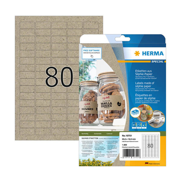 Herma 10751 étiquettes universelles recyclées A4 35,6 x 16,9 mm (1600 étiquettes) - marron naturel 230846 - 1