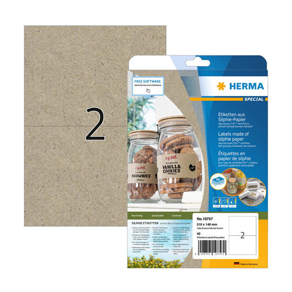 Herma 10757 étiquettes universelles recyclées A4 210 x 148 mm (40 étiquettes) - marron naturel 230843 - 1