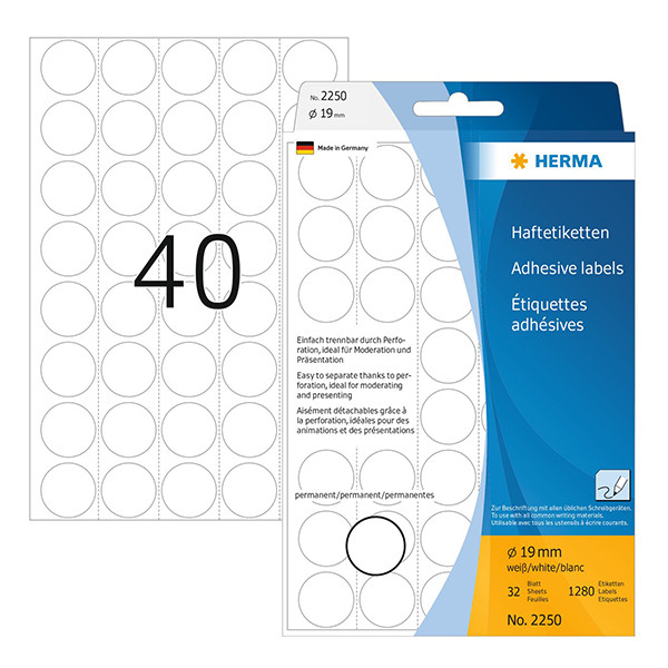Herma 2250 étiquettes multifonction Ø 19 mm rondes (1280 étiquettes) - blanc 230710 - 1