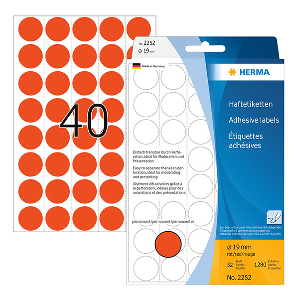 Herma 2252 étiquettes multifonction Ø 19 mm rondes (1280 étiquettes) - rouge 230709 - 1