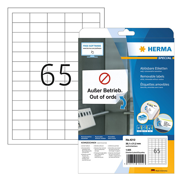 Herma 4212 étiquettes amovibles A4 38,1 x 21,2 mm (1625 étiquettes) - blanc 230638 - 1