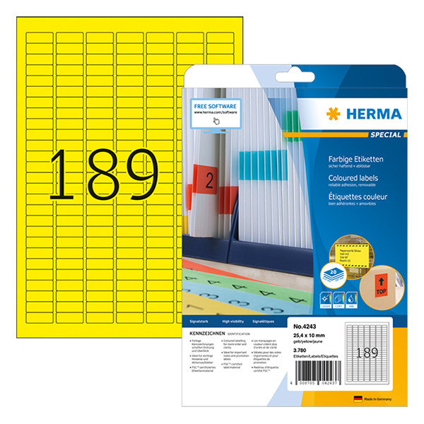 Herma 4243 étiquettes amovibles A4 25,4 x 10 mm (3780 étiquettes) - jaune 230455 - 1