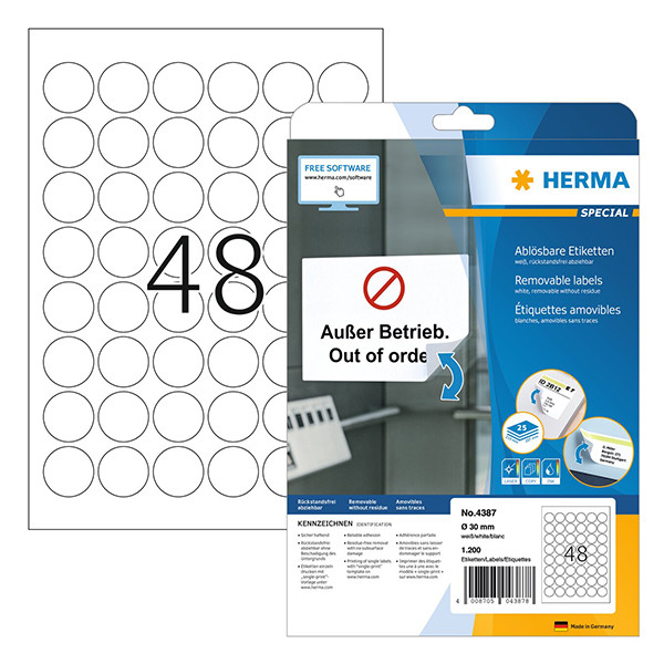Herma 4387 étiquettes amovibles A4 Ø 30 mm rond (1200 étiquettes) - blanc 4387 238519 - 1