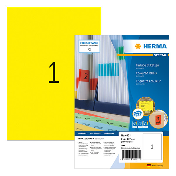 Herma 4401 étiquettes adhésives permanentes A4 210 x 297 mm (100 étiquettes) - jaune 230485 - 1