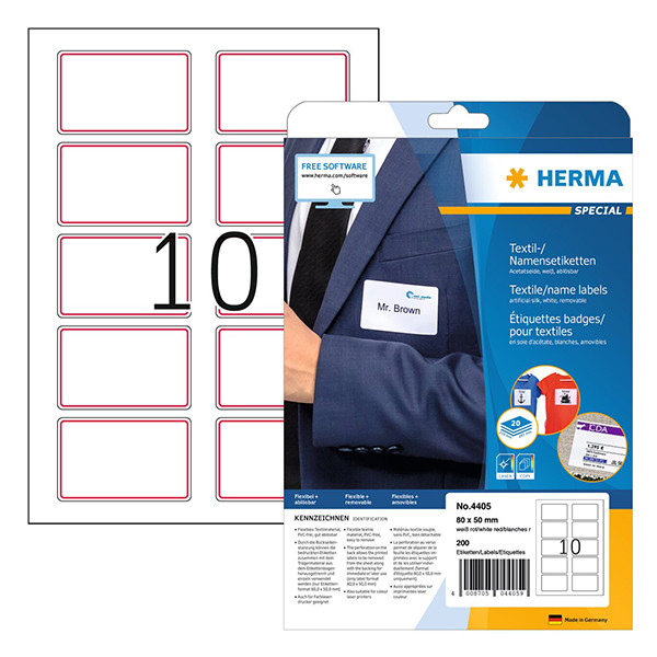 Herma 4405 étiquettes textiles/pour badges nominatifs A4 80 x 50 (200 étiquettes) - blanc/rouge 230728 - 1