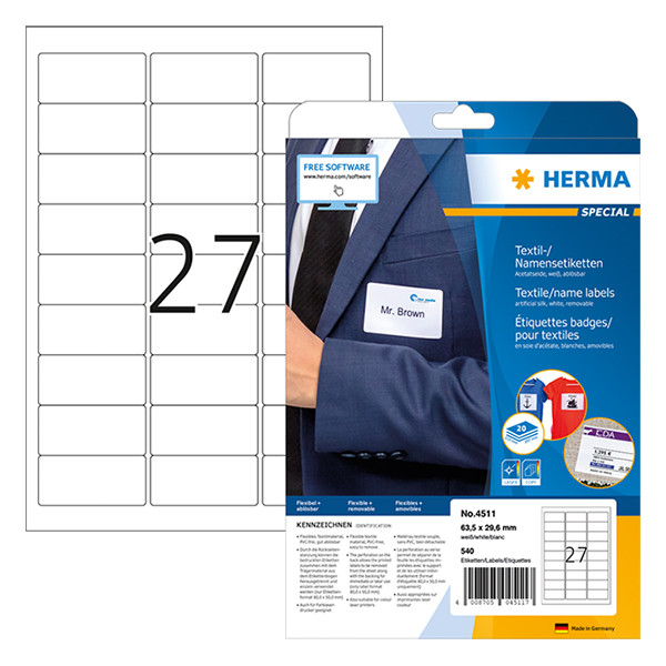 Herma 4511 étiquettes badges amovibles pour textiles A4 63,5 x 29,6 mm (540 étiquettes) - blanc 4511 230509 - 1