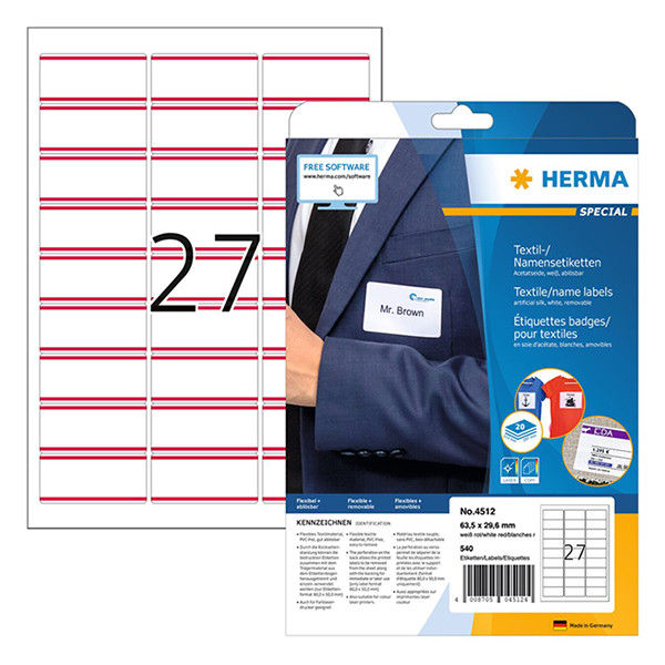 Herma 4512 étiquettes de badges nominatifs/textiles A4 63,5 x 29,6 mm (540 étiquettes) - blanc/rouge 230804 - 1