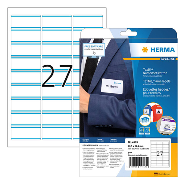 Herma 4513 étiquettes textiles/pour badges nominatifs A4 63,5 x 29,6 (540 étiquettes) - blanc/bleu 230805 - 1