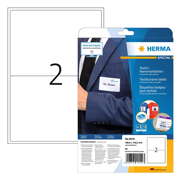 Herma 4519 étiquettes textiles/pour badges nominatifs A4 199,6 x 143,4 (40 étiquettes) - blanc 230726 - 1
