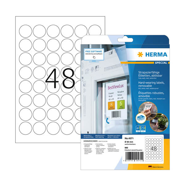 Herma 4571 étiquettes en film amovibles résistantes aux intempéries A4 ø 30 mm (960 étiquettes) - blanc 230856 - 1