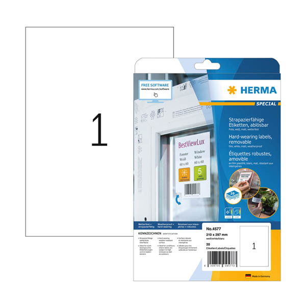 Herma 4577 étiquettes en film résistantes aux intempéries amovibles A4 210 x 297 mm (20 étiquettes) - blanc 230853 - 1