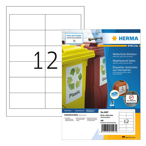 Herma 4597 étiquettes résistantes aux intempéries A4 97 x 42,3 mm (480 étiquettes) - blanc 230746 - 1
