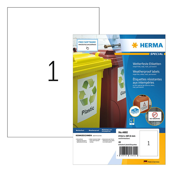 Herma 4602 étiquettes jet d'encre résistantes aux intempéries A4 210 x 297 mm (40 étiquettes) - blanc 230744 - 1