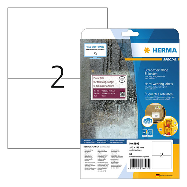 Herma 4693 étiquettes en film résistantes aux intempéries A4 210 x 148 mm (50 étiquettes) - blanc 230752 - 1