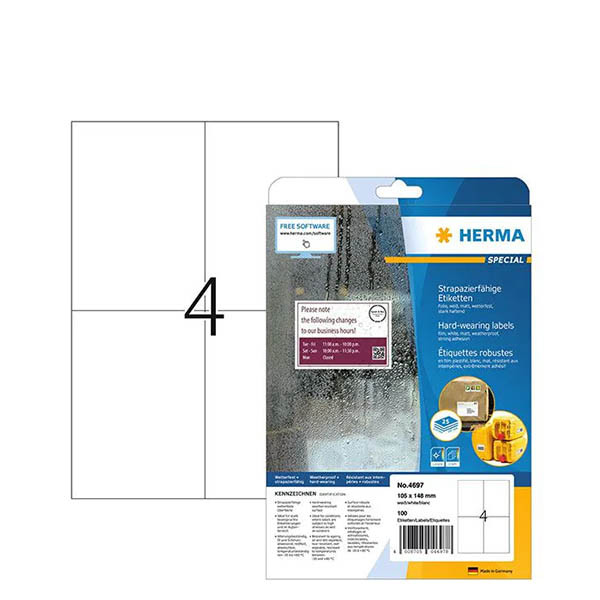 Herma 4697 étiquettes en film résistantes aux intempéries A4 105 x 148 mm (100 étiquettes) - blanc 230751 - 1