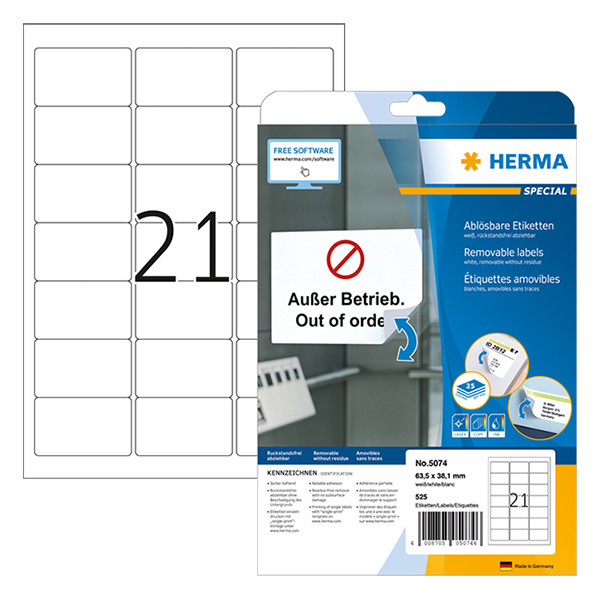 Herma 5074 étiquettes amovibles A4 63,5 x 38,1 mm (525 étiquettes) - blanc 230524 - 1