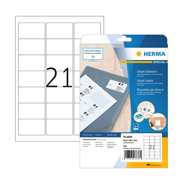 Herma 8838 étiquettes jet d'encre A4 63,5 x 38,1 mm (525 étiquettes) - blanc 230806 - 1