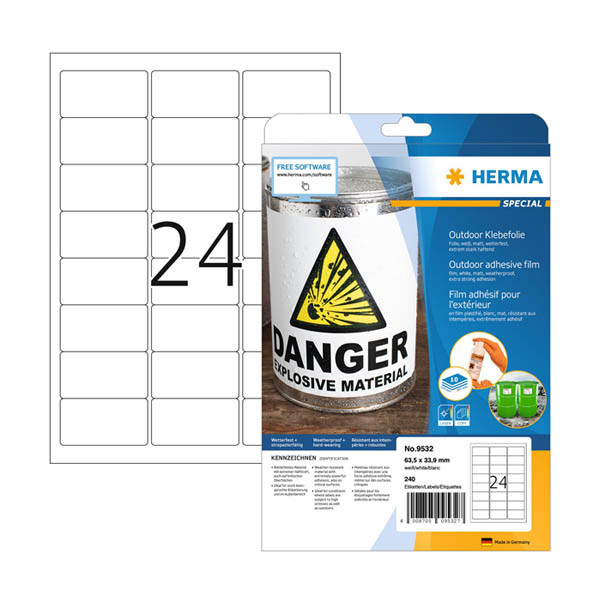 Herma Outdoor 9532 étiquettes en film résistantes aux intempéries A4 63,5 x 33,9 mm (240 étiquettes) - blanc 230882 - 1