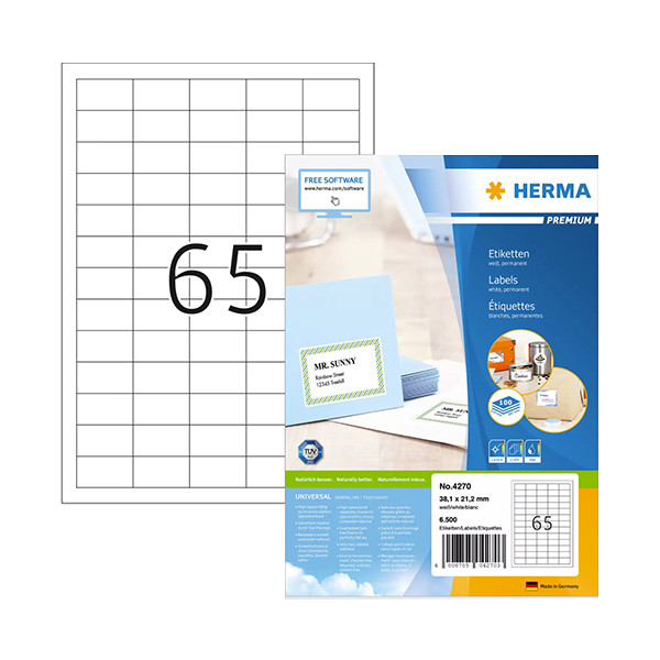 Herma Premium 4270 étiquettes adhésives permanentes A4 38,1 x 21,2 mm (6500 étiquettes) - blanc 4270 238362 - 1