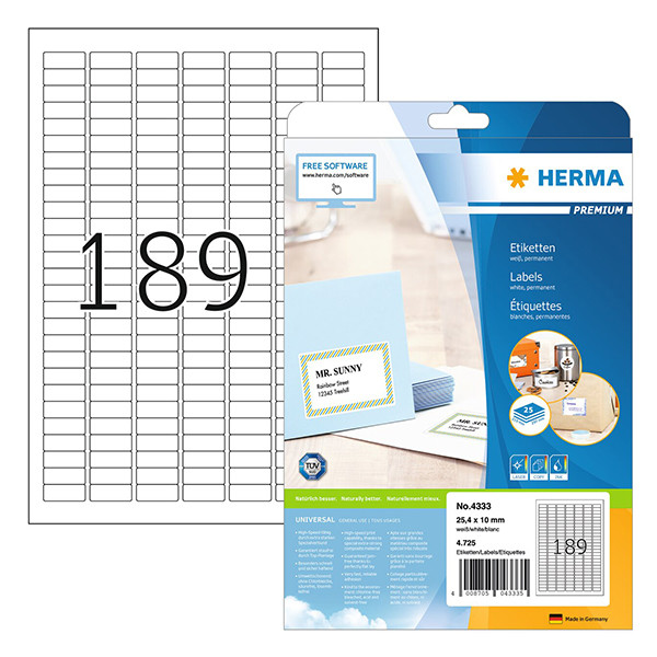 Herma Premium 4333 étiquettes adhésives permanentes A4 25,4 x 10 mm (4725 étiquettes) - blanc 230588 - 1