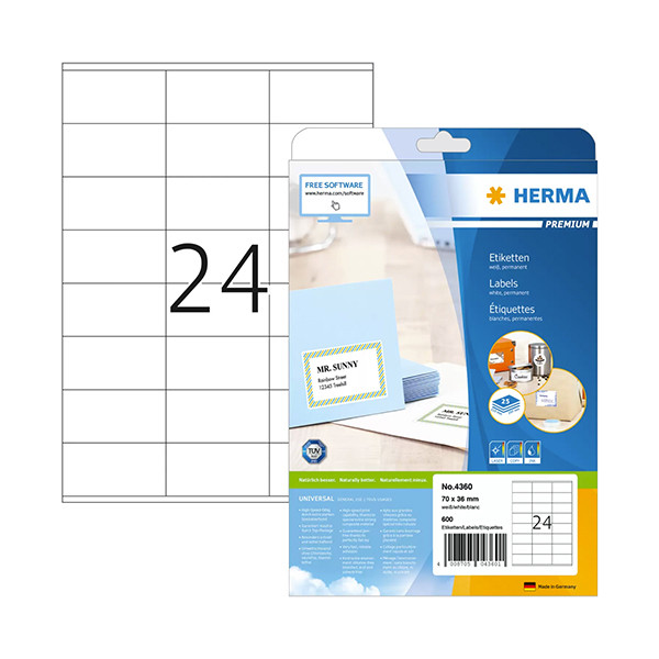 Herma Premium 4360 étiquettes adhésives permanentes 70 x 36 mm (600 étiquettes) - blanc 4360 238357 - 1